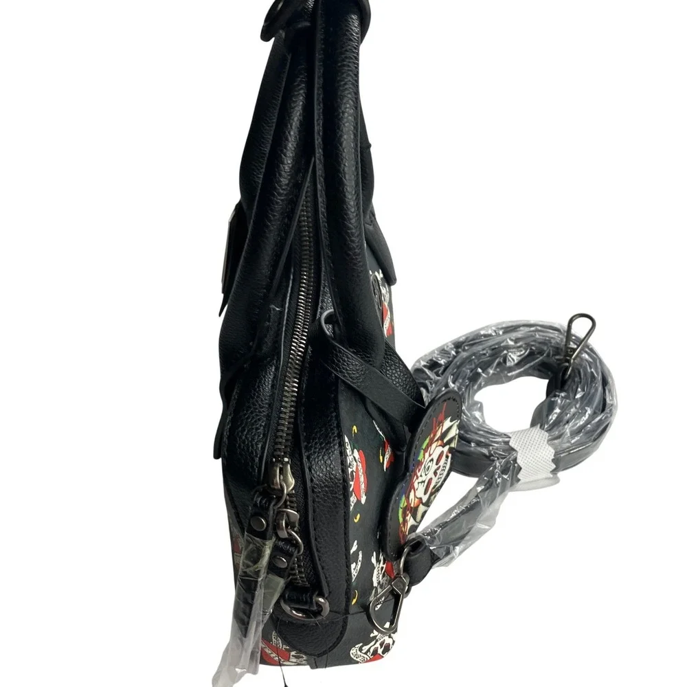Ed Hardy Skull Heart Tattoo Print‎ Satchel Crossbody Bag Black